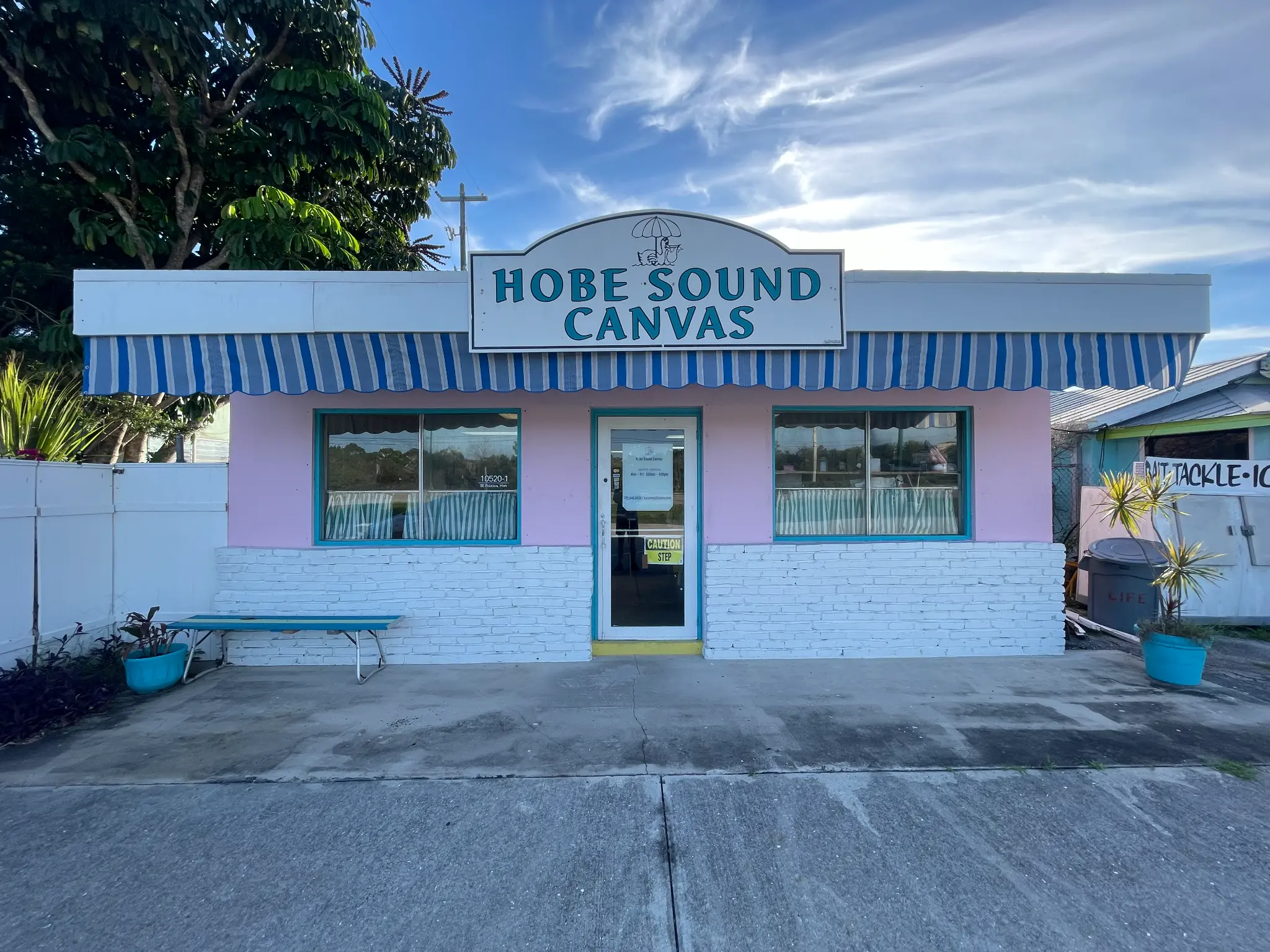 Hobe Sound Canvas LLC storefront building in Hobe Sound Florida - family owned marine upholstery shop since 1987