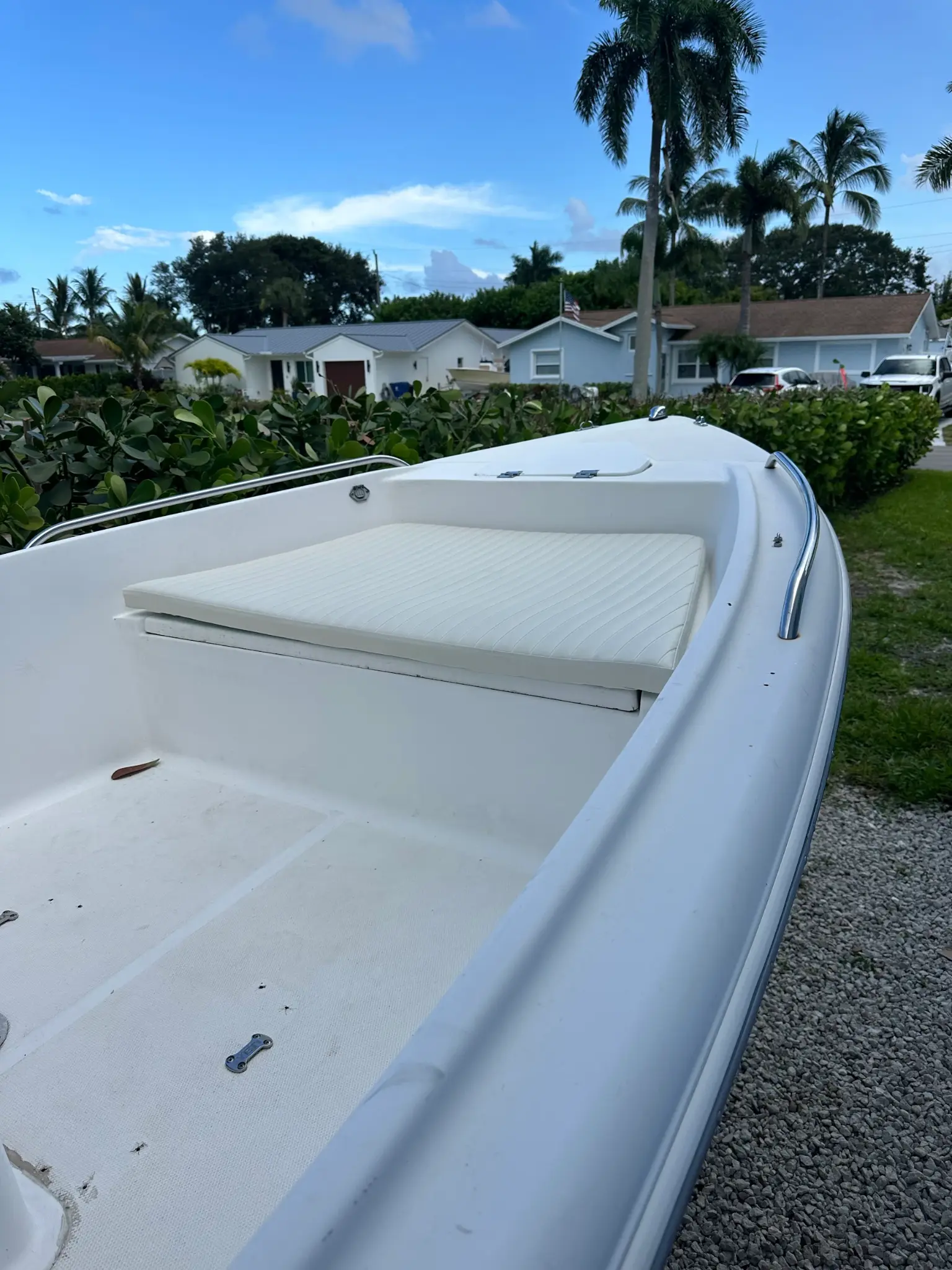 Custom white boat cushion on bow